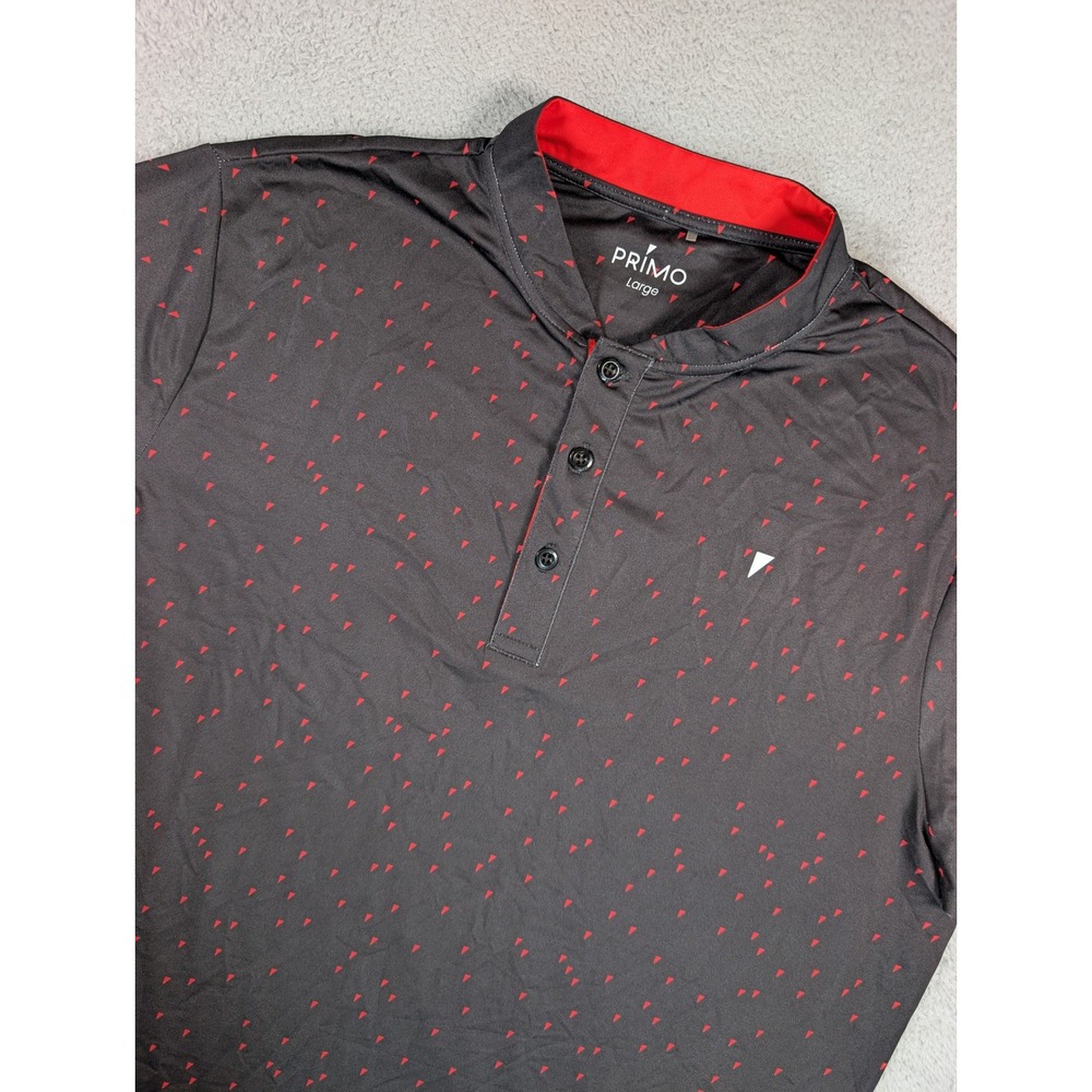 Primo Golf Mens Large Blade Collar Polo Shirt Black Red Triangle Print Stretch